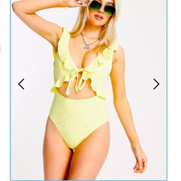 ASOS DESIGN Eyelet Tie Front Swimsuit Yellow Size 6 BNWT - Picture 4 of 8